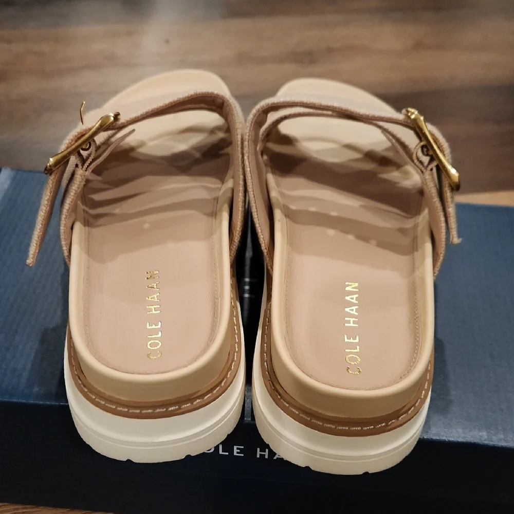 Cole Haan Beige Cross-Strap Slide Sandals with Gold Buckle - Picture 4 of 5
